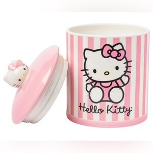 Hello kitty Cookie Jar Pink and white Stripe Canister with Lid 8.5” New